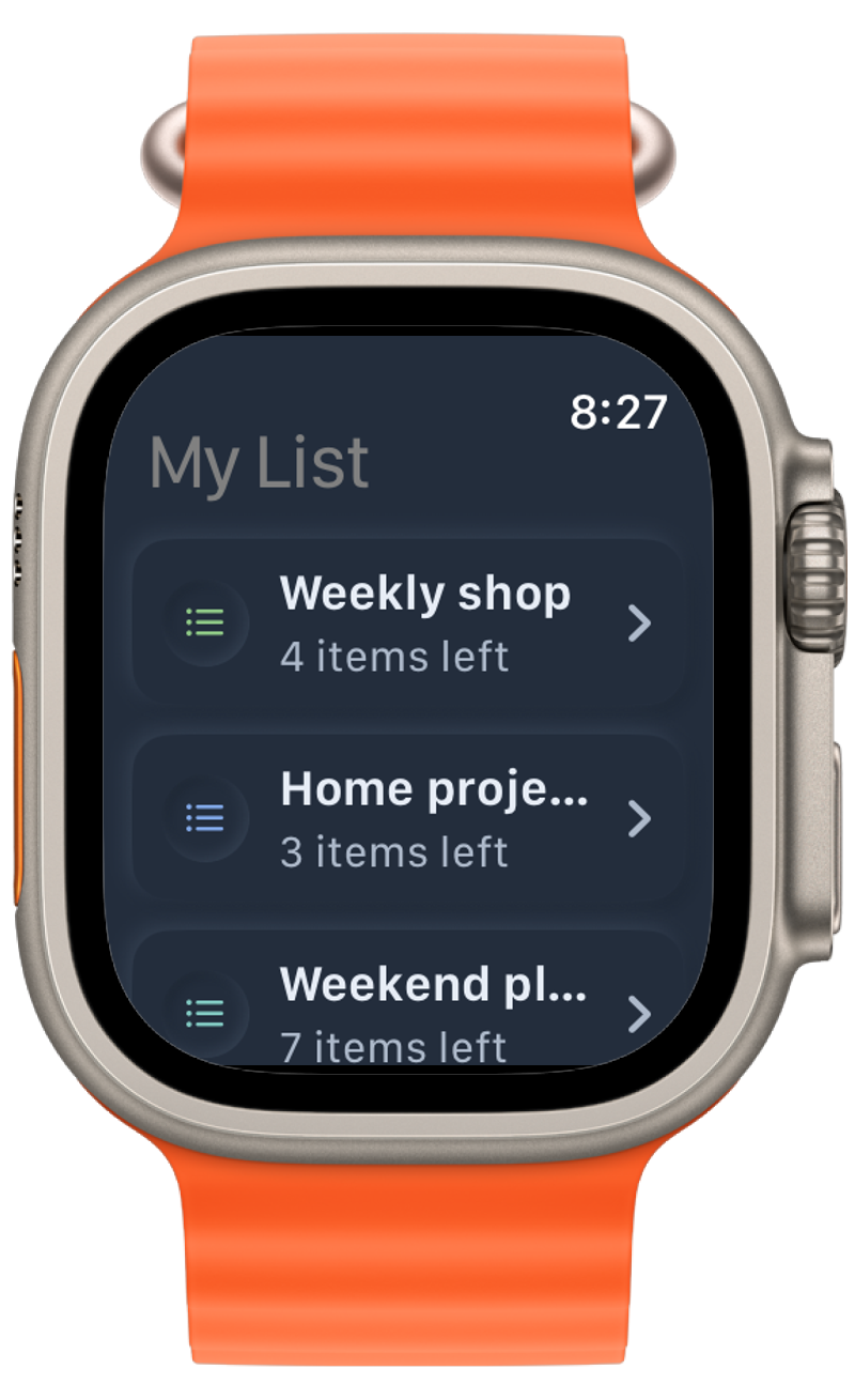 My List on Apple Watch showing Weekly shop, Home projects, and Weekend plans with their remaining item counts.